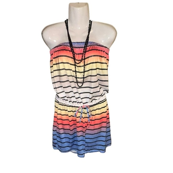 Rainbow XL Off shoulder Striped Drawstring Romper Jumpsuit - Picture 1 of 9